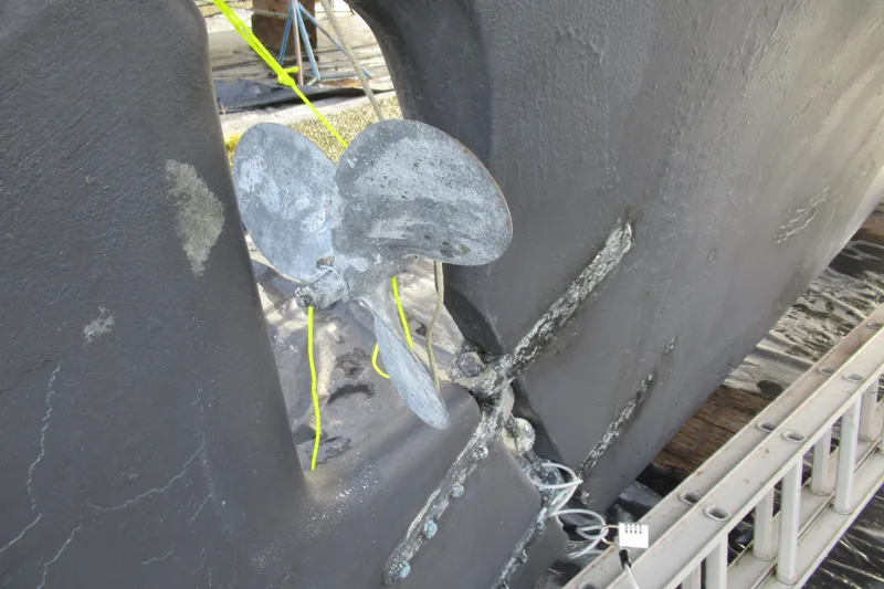 Slide: The Image of Propeller of 1979 Cape George 36 sailboat, close-up view. - 46