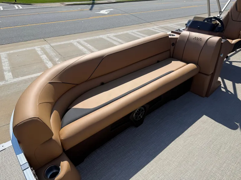 Slide: The Image of 2025 Avalon Venture 85 Versatile rear bench with tan upholstery and cup holder. - 14