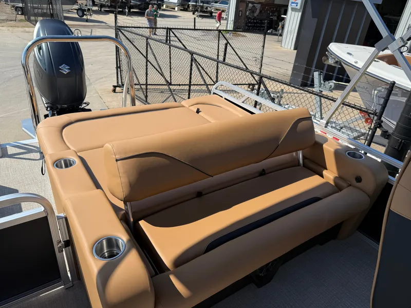 Slide: The Image of 2025 Avalon Venture 85 Versatile rear bench with tan upholstery and cup holders. - 29