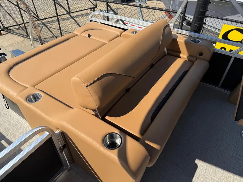 Slide: The Image of 2025 Avalon Venture 85 Versatile rear bench with tan upholstery and cup holders. - 31
