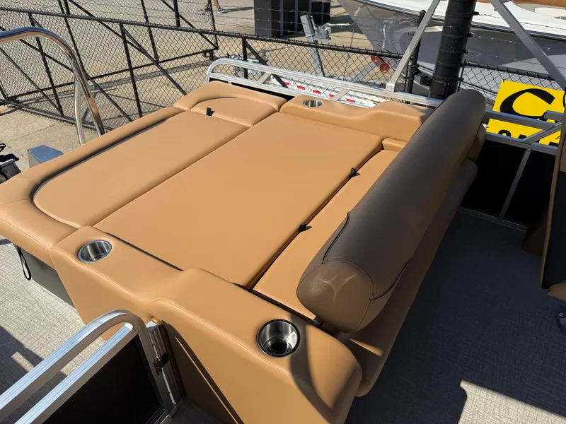 Slide: The Image of 2025 Avalon Venture 85 Versatile rear bench with tan upholstery and cup holders. - 32