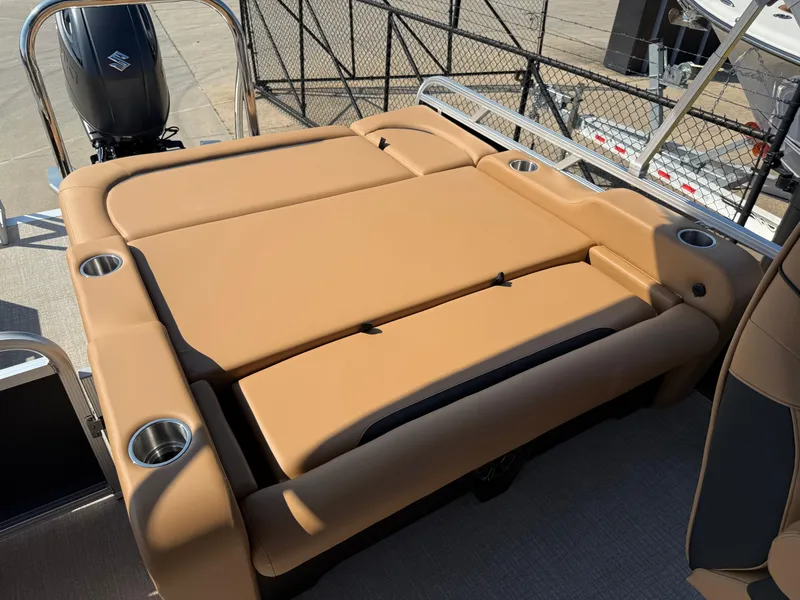 Slide: The Image of 2025 Avalon Venture 85 Versatile rear bench with tan upholstery and integrated cup holders. - 36