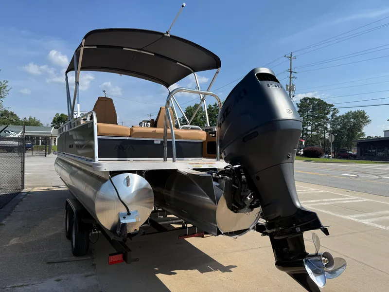 Slide: The Image of 2025 Avalon Venture 85 Versatile Rear Bench pontoon boat with Suzuki outboard motor. - 6