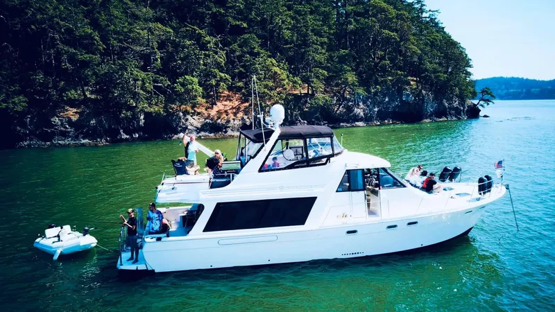 The Image of 1994 Bayliner 4788 Pilot House Motoryacht cruising on a scenic, green waterway. - 0