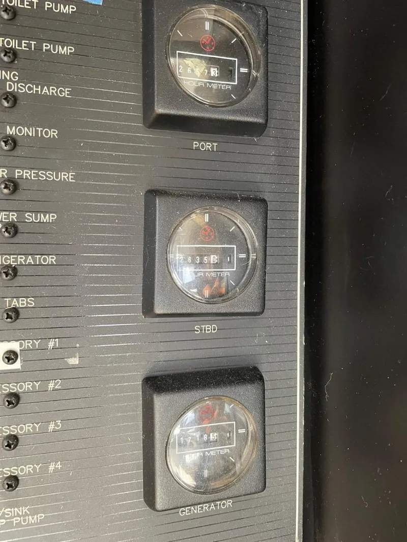 Slide: The Image of Control panel of a 1994 Bayliner 4788 Pilot House Motoryacht with gauges for port, starboard, and generator. - 40