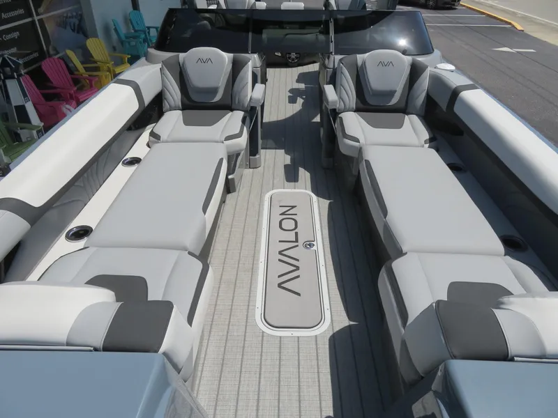 Slide: The Image of 2026 Avalon Excalibur Elite Windshield boat interior with luxurious seating and modern design. - 18