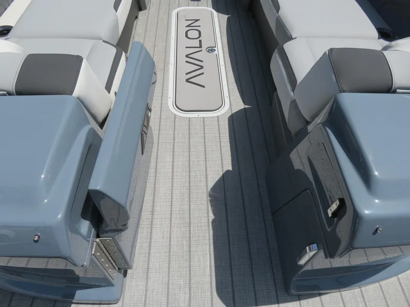 Slide: The Image of 2026 Avalon Excalibur Elite Windshield boat interior with sleek seating and modern design. - 19