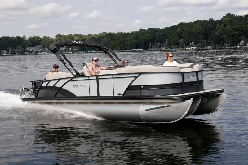 Slide: The Image of 2026 Sylvan L3 RLZ pontoon boat with spacious seating and modern design. - 4