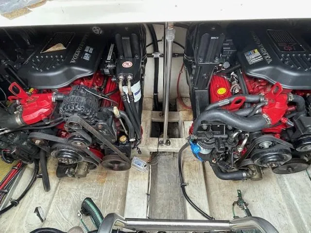 Slide: The Image of Engine compartment of a 2008 Larson Cabrio 330 Day Cruiser with dual Volvo Penta engines. - 15