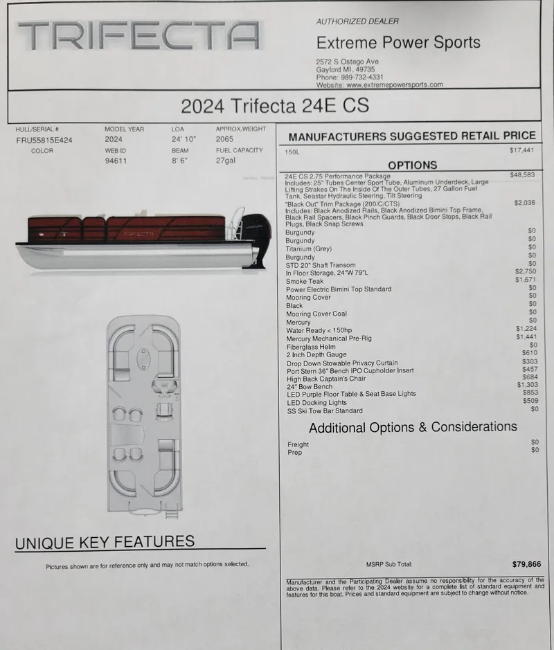 Slide: The Image of 2025 Trifecta 24ECS275 pontoon boat specifications and pricing details. - 8