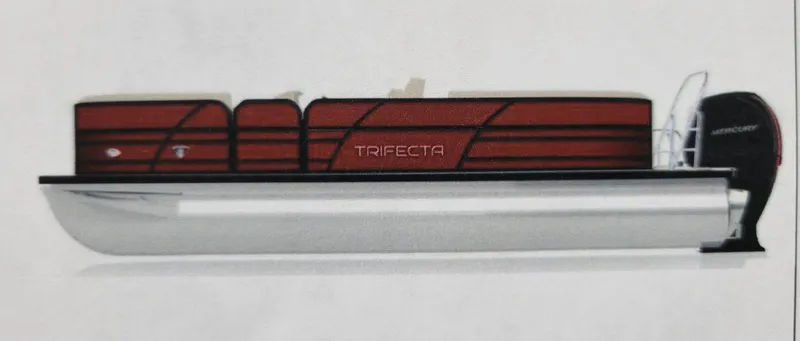 Slide: The Image of 2025 Trifecta 24ECS275 pontoon boat with sleek red design and Mercury engine. - 9