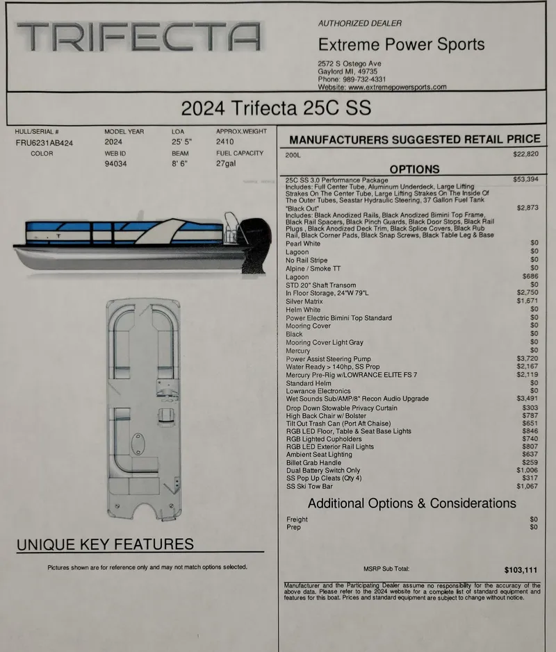 Slide: The Image of 2024 Trifecta 25C SS pontoon boat specifications and options list from Extreme Power Sports. - 8