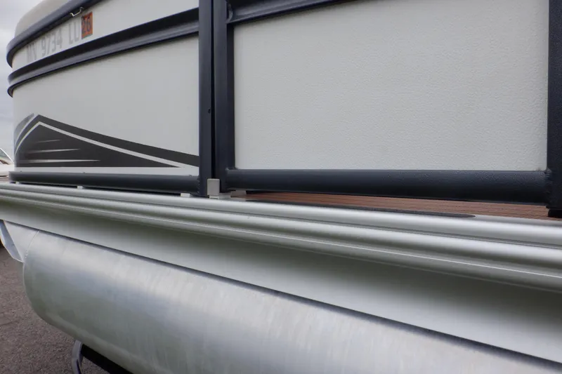 Slide: The Image of 2019 Premier 220 SunSation pontoon boat, close-up of side panel and railing. - 20