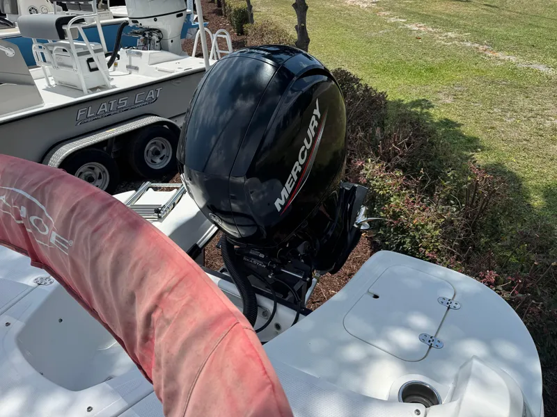 Slide: The Image of 2020 Tahoe 550TS boat with Mercury outboard motor, docked near grassy area. - 6