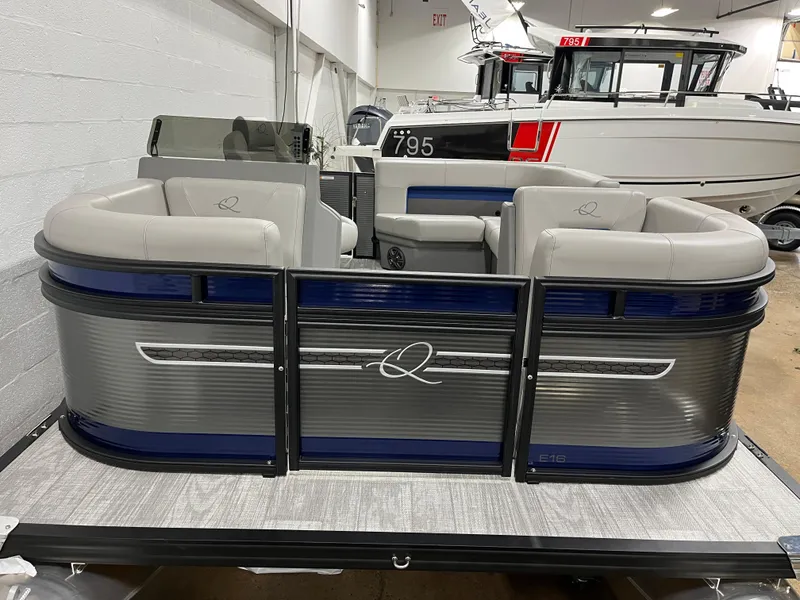 Slide: The Image of 2025 Qwest 8516 Lanai pontoon boat with sleek design and comfortable seating. - 10