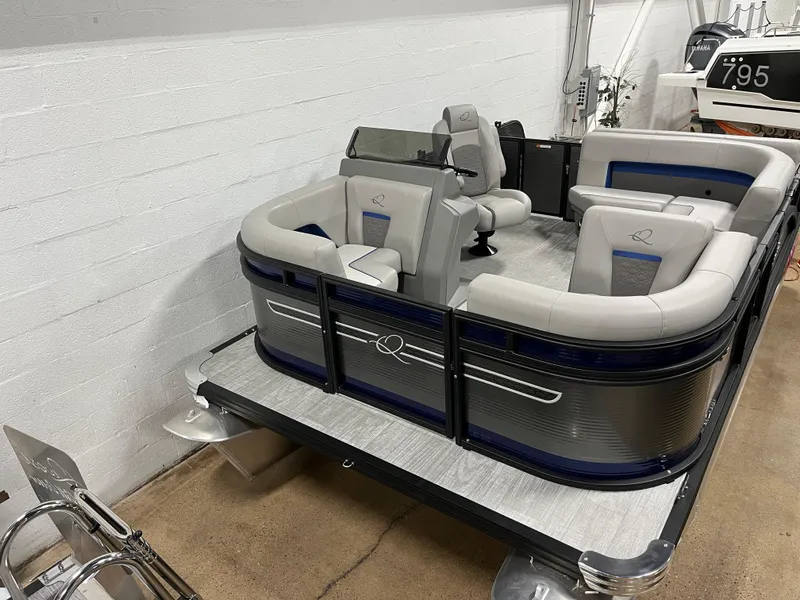 Slide: The Image of 2025 Qwest 8516 Lanai pontoon boat with sleek seating and modern design. - 9