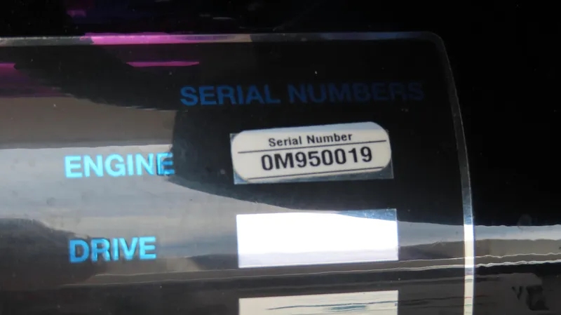 Slide: The Image of Serial number label on 2005 Cigarette 38 Top Gun boat, showing "0M950019". - 7
