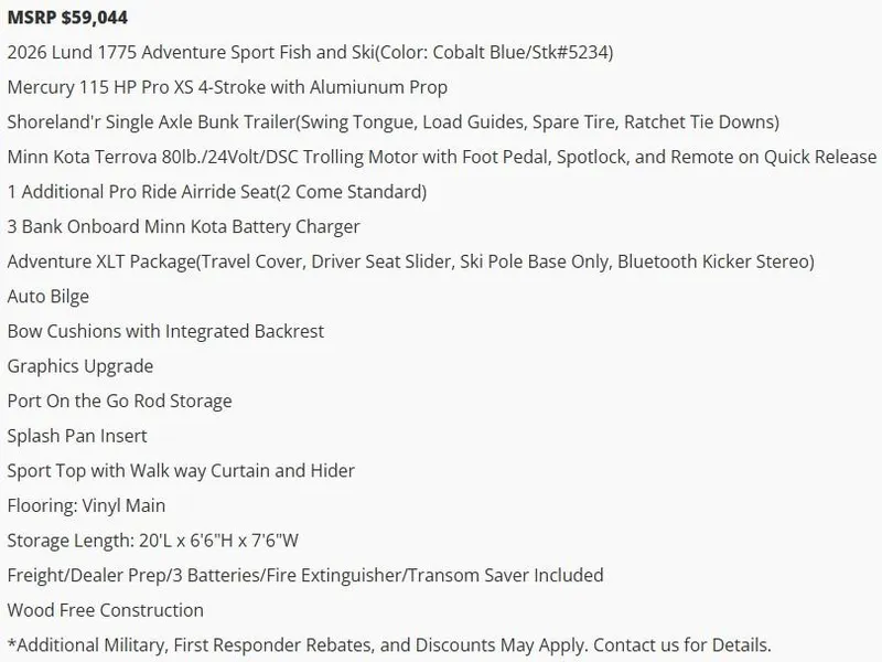 Slide: The Image of 2026 Lund 1775 Adventure Sport boat features and pricing details. - 3