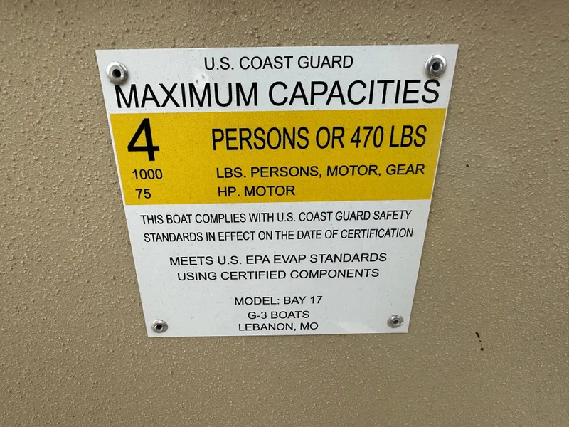 Slide: The Image of 2024 G3 Bay 17 boat capacity label: 4 persons, 470 lbs, 75 HP motor. - 13