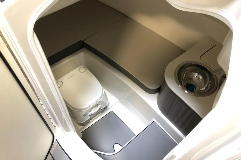 Slide: The Image of 2025 Sea Ray SDX 270 boat interior with compact toilet and sink. - 13