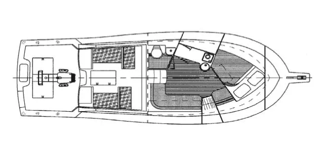 Slide: The Image of Floor plan of a 2006 Cabo 32 Express boat, showcasing interior layout and design. - 35