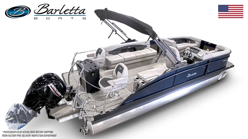 Slide: The Image of 2025 Barletta Aria 22CC pontoon boat with sleek design and spacious seating. - 2