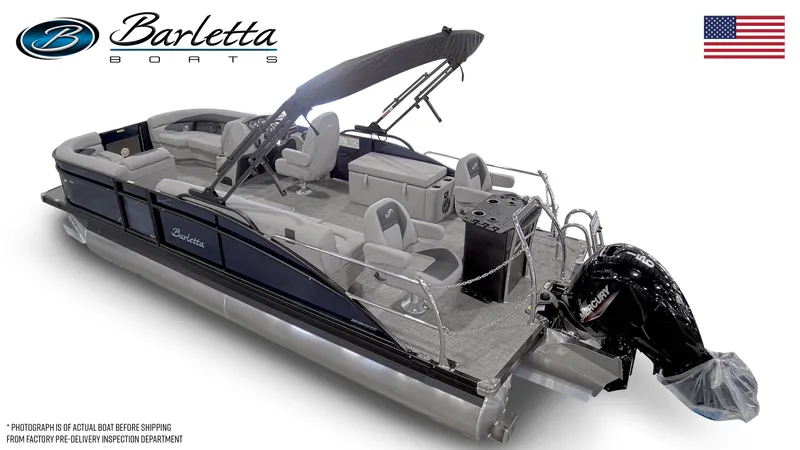 Slide: The Image of 2025 Barletta Aria 22CC pontoon boat with sleek design and spacious seating. - 5