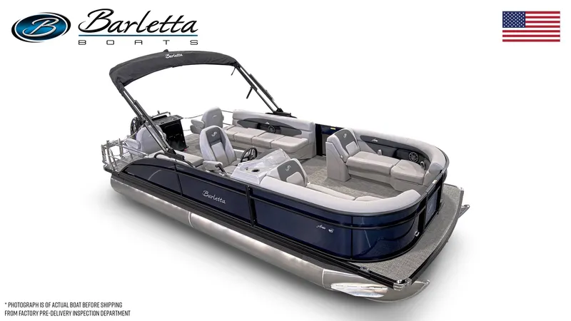 Slide: The Image of 2025 Barletta Aria 22CC pontoon boat with seating and motor, top view. - 8