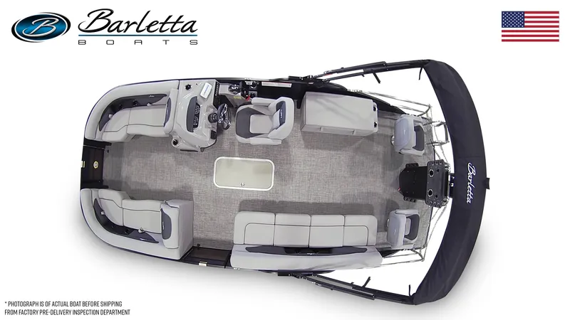 Slide: The Image of 2025 Barletta Aria 22CC pontoon boat, spacious seating, elegant design, American flag, top view. - 9