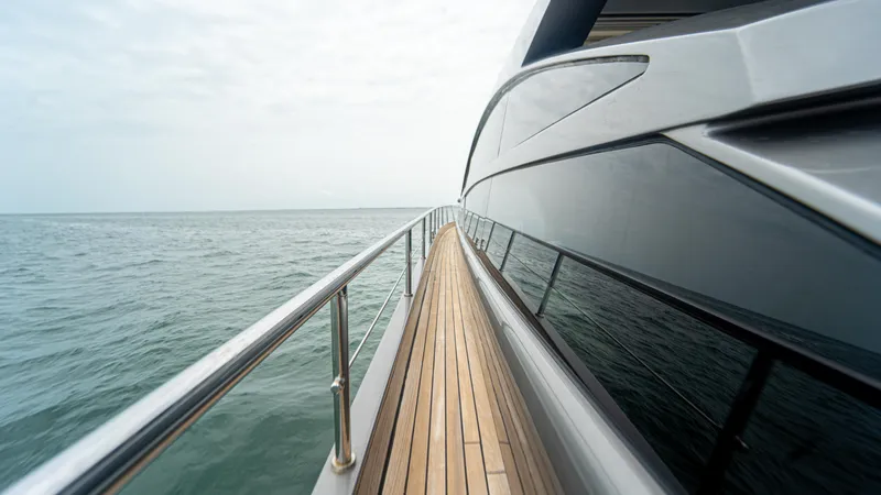 Slide: The Image of Side view of a 2009 Pershing 64 yacht on the ocean. - 13
