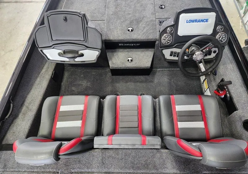 Slide: The Image of 2025 Ranger RT198P boat interior with three seats, steering wheel, and Lowrance display. - 5
