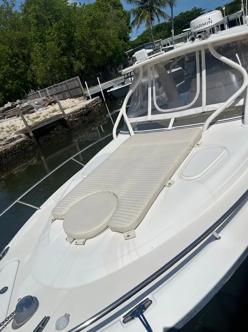Slide: The Image of 2008 Hydra-Sports 3500VX boat with sunpad, docked near lush greenery. - 24