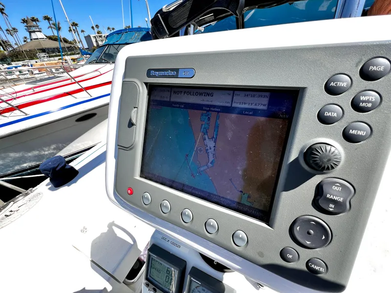 Slide: The Image of Boat navigation system on a 2007 Catalina 350, docked in a marina. - 28