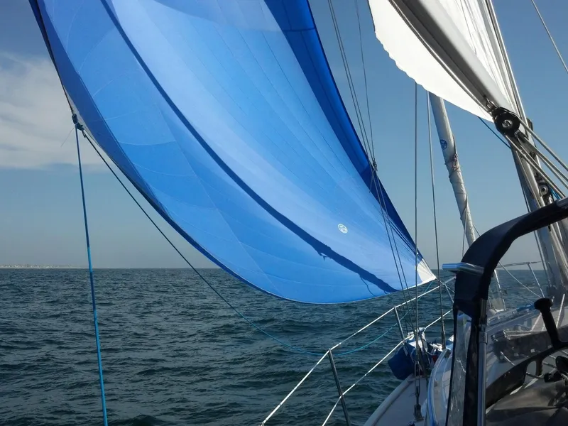 Slide: The Image of Sailing on a 2007 Catalina 350 with vibrant blue spinnaker over open sea. - 6