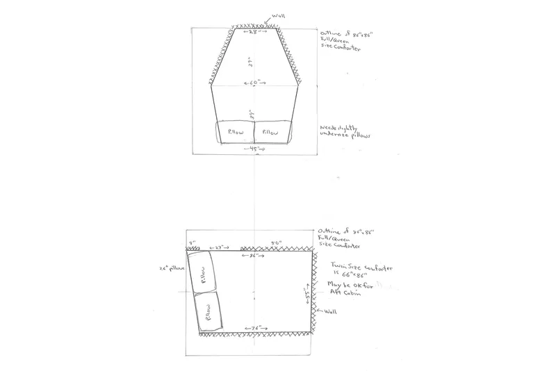 Slide: The Image of Hand-drawn Catalina 350 2007 cabin layout with pillow and comforter dimensions. - 61