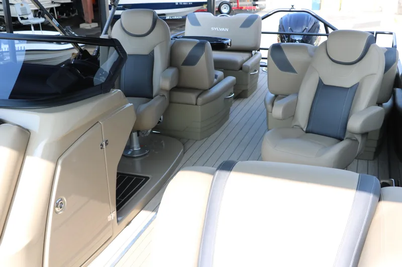 Slide: The Image of Luxurious interior of 2025 Sylvan L3 RLZ boat with plush seating and modern design. - 12