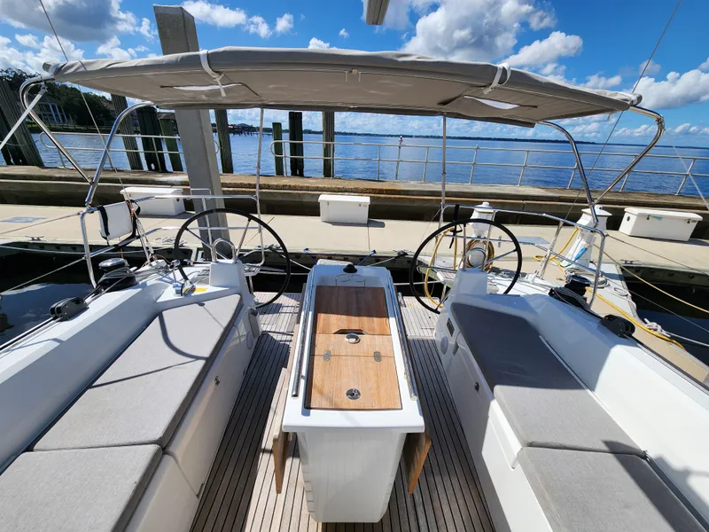 Slide: The Image of 2022 Beneteau Oceanis 40.1 sailboat cockpit with dual steering wheels and spacious seating. - 22