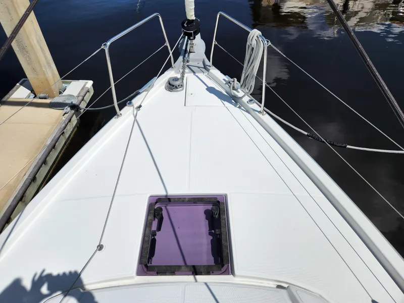 Slide: The Image of Beneteau Oceanis 40.1 yacht deck, 2022 model, docked at marina. - 39