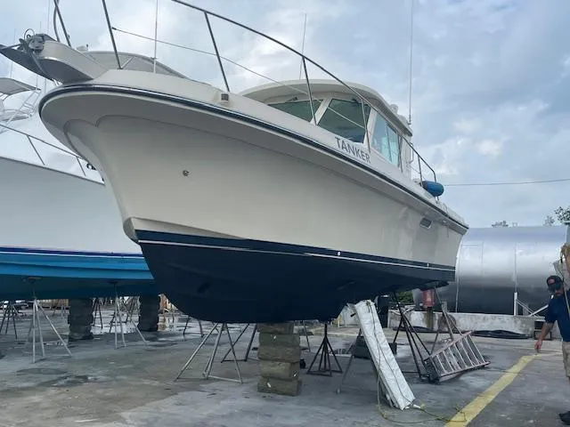Slide: The Image of 2001 Albin 31' Tournament Express boat on dry dock for maintenance. - 16