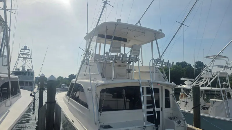 Slide: The Image of 1984 Ocean Yachts 46 Super Sport boat on stands, side view. - 7