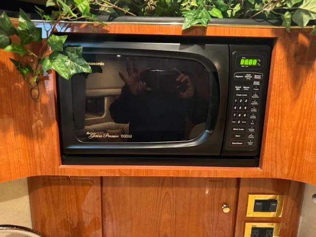 Slide: The Image of Microwave in 1999 Sea Ray 38' Sundancer yacht kitchen, surrounded by wood paneling and greenery. - 39