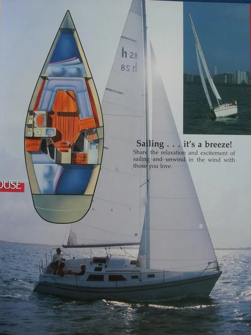 Slide: The Image of Hunter 28 sailboat from 1990, featuring interior layout and sailing on open water. - 7