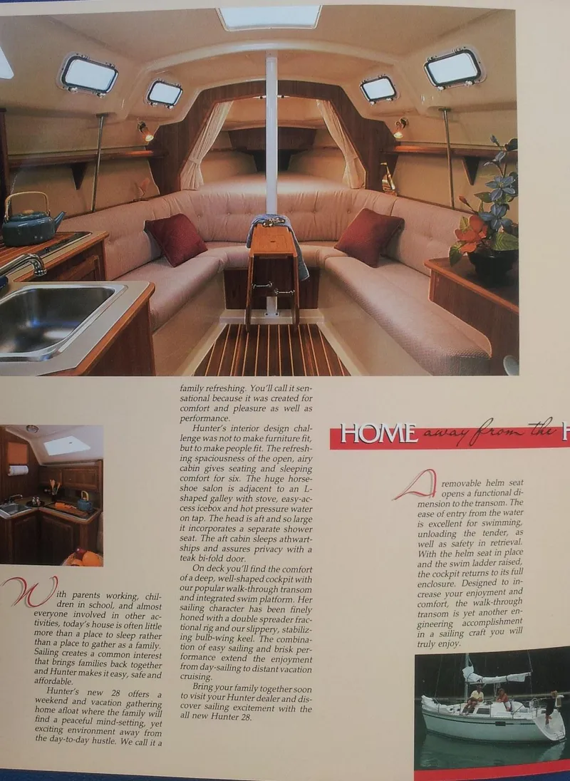 Slide: The Image of Interior view of a 1990 Hunter 28 sailboat with cozy seating and wooden accents. - 8