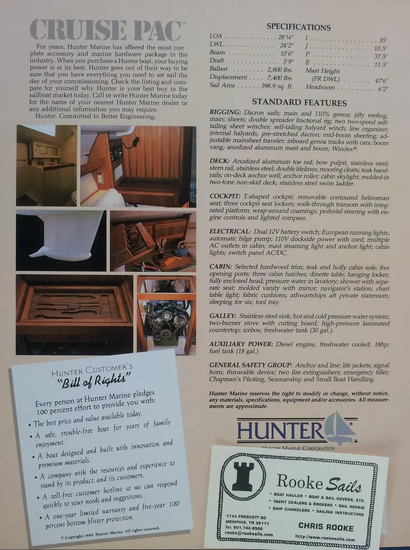 Slide: The Image of Hunter 28 sailboat brochure from 1990, featuring specifications, standard features, and contact information. - 9