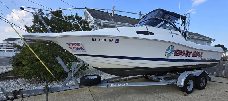 The Image of 1996 Wellcraft Excel 23 Walk Around boat on trailer, for sale, with "Crazy Gull" decal. - 0