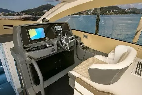 Slide: The Image of Interior of 2026 Schaefer 510 GT Pininfarina yacht with modern helm and scenic view. - 21