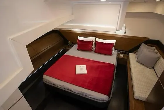 Slide: The Image of Luxurious cabin interior of 2026 Schaefer 510 GT Pininfarina yacht with red accents. - 39