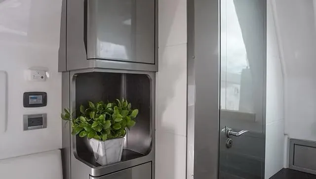 Slide: The Image of Modern interior of Schaefer V33 yacht, featuring sleek cabinets and a potted plant, 2025 model. - 20