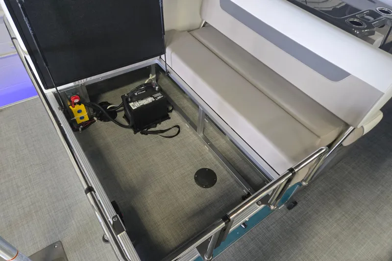 Slide: The Image of Storage compartment of 2025 Princecraft Vectra 23 RL boat with battery and seating. - 17