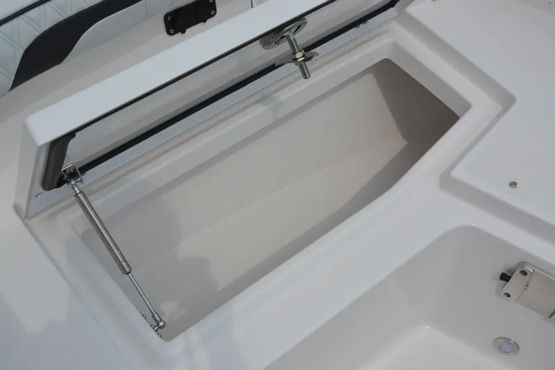 Slide: The Image of 2026 Blackfin 252 DC boat storage compartment with open lid and hydraulic support. - 12